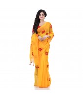  Handloom Cotton Blend Saree Hibicus Joba Flower Embroidery Design With Blouse Piece (Yellow)