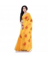  Handloom Cotton Blend Saree Uma Embroidery Work Design With Blouse Piece (Yellow)