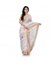  Bengal Tant Zari Kerala Printed Pure Handloom Cotton Saree Without Blouse Piece (White Gold)