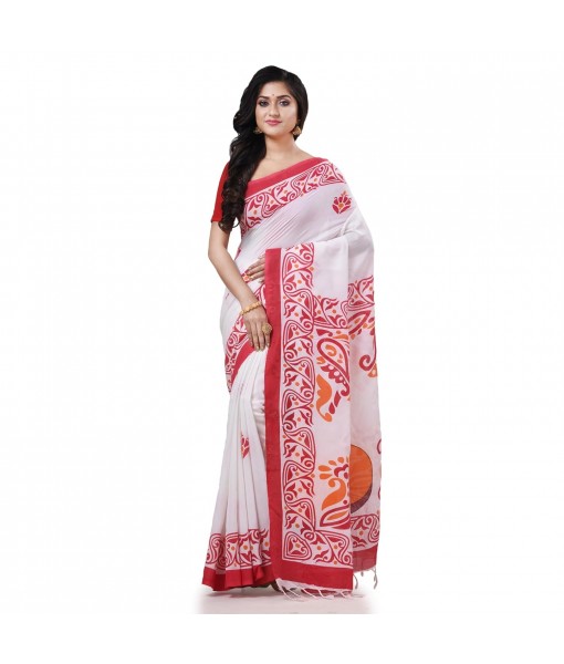  Cotton Handloom Saree Uma Ganesh Printed Design Handloom Saree with Blouse Piece (Brown red White)