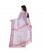 Cotton Silk Handloom Cotton Blend Saree Navratri Design With Blouse Piece (White)