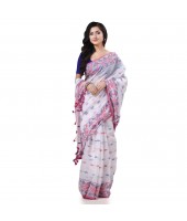 Cotton Silk Handloom Cotton Blend Saree Navratri Design With Blouse Piece (White)