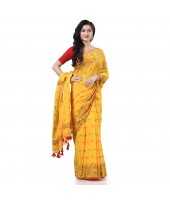 Cotton Silk Handloom Cotton Blend Saree Navratri Design With Blouse Piece (Yellow)