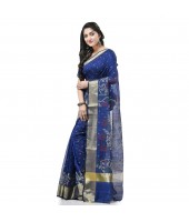  Cotton Silk Handloom Cotton Blend Saree Pushpomala Work With Blouse Piece (Blue)