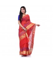 Cotton Silk Handloom Cotton Blend Saree Pushpomala Work With Blouse Piece (Red)