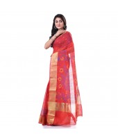 Cotton Silk Handloom Cotton Blend Saree Pushpomala Work With Blouse Piece (Red)