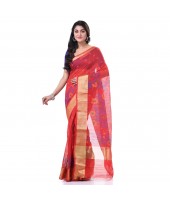 Cotton Silk Handloom Cotton Blend Saree Pushpomala Work With Blouse Piece (Red)