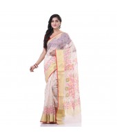  Cotton Silk Handloom Cotton Blend Saree Pushpomala Work With Blouse Piece (White)