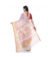  Cotton Silk Handloom Cotton Blend Saree Pushpomala Work With Blouse Piece (White)