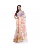  Cotton Silk Handloom Cotton Blend Saree Pushpomala Work With Blouse Piece (White)