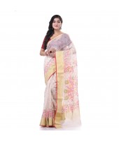  Cotton Silk Handloom Cotton Blend Saree Pushpomala Work With Blouse Piece (White)