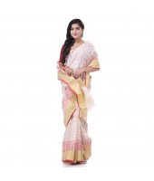  Cotton Silk Handloom Cotton Blend Saree Pushpomala Work With Blouse Piece (White)