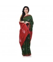 Cotton Silk Handloom Cotton Blend Saree Jharbati Work With Blouse Piece (Green Red)