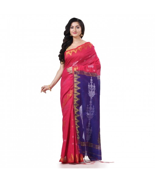  Cotton Silk Handloom Cotton Blend Saree Jharbati Work With Blouse Piece (Light Red Green)