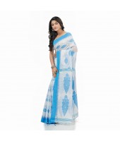  Tant Pure Cotton Handloom Saree Potro Leaf Design With Blouse Piece (Blue)