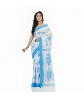  Tant Pure Cotton Handloom Saree Potro Leaf Design With Blouse Piece (Blue)