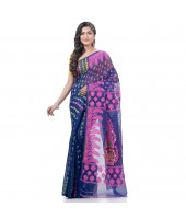  Lojjaboti Leaf Resham Dhakai Jamdani Pure Cotton Handloom Saree Design without Blouse Piece (Deep Blue)