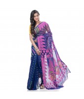  Lojjaboti Leaf Resham Dhakai Jamdani Pure Cotton Handloom Saree Design without Blouse Piece (Deep Blue)