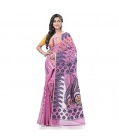  Lojjaboti Leaf Resham Dhakai Jamdani Pure Cotton Handloom Saree Design without Blouse Piece (Pink)