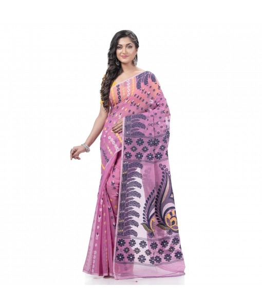 Lojjaboti Leaf Resham Dhakai Jamdani Pure Cotton Handloom Saree Design without Blouse Piece (Firoza)