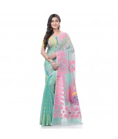 Lojjaboti Leaf Resham Dhakai Jamdani Pure Cotton Handloom Saree Design without Blouse Piece (Firoza)