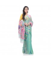 Lojjaboti Leaf Resham Dhakai Jamdani Pure Cotton Handloom Saree Design without Blouse Piece (Firoza)