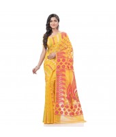  Lojjaboti Leaf Resham Dhakai Jamdani Pure Cotton Handloom Saree Design without Blouse Piece (Yellow)