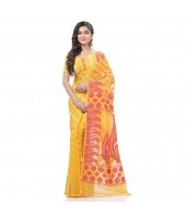  Lojjaboti Leaf Resham Dhakai Jamdani Pure Cotton Handloom Saree Design without Blouse Piece (Yellow)