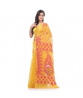  Lojjaboti Leaf Resham Dhakai Jamdani Pure Cotton Handloom Saree Design without Blouse Piece (Yellow)