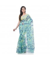 Muslin Resham Dhakai jamdani Bengal Pure Cotton Handloom Saree without Blouse Piece (Firoza)