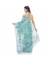 Muslin Resham Dhakai jamdani Bengal Pure Cotton Handloom Saree without Blouse Piece (Firoza)