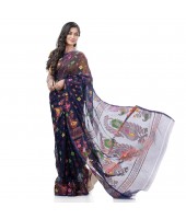  Mayur Pekham Zari Work Resham Dhakai Jamdani Pure Cotton Handloom Saree (Blue)