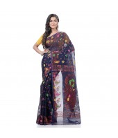  Mayur Pekham Zari Work Resham Dhakai Jamdani Pure Cotton Handloom Saree (Blue)