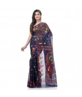  Mayur Pekham Zari Work Resham Dhakai Jamdani Pure Cotton Handloom Saree (Blue)