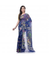  Mayur Pekham Zari Work Resham Dhakai Jamdani Pure Cotton Handloom Saree (Blue)