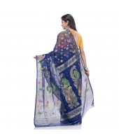  Mayur Pekham Zari Work Resham Dhakai Jamdani Pure Cotton Handloom Saree (Blue)