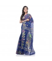  Mayur Pekham Zari Work Resham Dhakai Jamdani Pure Cotton Handloom Saree (Blue)