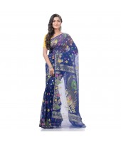  Mayur Pekham Zari Work Resham Dhakai Jamdani Pure Cotton Handloom Saree (Blue)