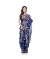  Mayur Pekham Zari Work Resham Dhakai Jamdani Pure Cotton Handloom Saree (Blue)