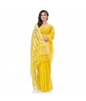  Resham Dhakai Jamdani Bengal Pure Cotton Handloom Saree Diamond Queen Design Yellow