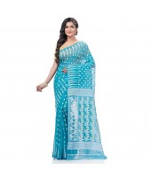  Resham Dhakai Jamdani Bengal Pure Cotton Handloom Saree Diamond Queen Design (Blue)