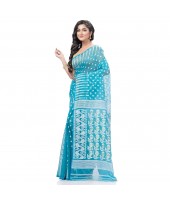  Resham Dhakai Jamdani Bengal Pure Cotton Handloom Saree Diamond Queen Design (Blue)