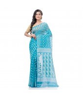  Resham Dhakai Jamdani Bengal Pure Cotton Handloom Saree Diamond Queen Design (Blue)