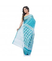  Resham Dhakai Jamdani Bengal Pure Cotton Handloom Saree Diamond Queen Design (Blue)