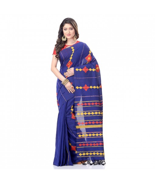 Khesh Pure Cotton Handloom Saree Diamond Designed With Blouse Piece(Blue)