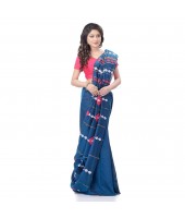 Bengali Khesh Pure Cotton Handloom Saree Diamond Designed With Blouse Piece(Prussian Blue)