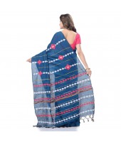 Bengali Khesh Pure Cotton Handloom Saree Diamond Designed With Blouse Piece(Prussian Blue)