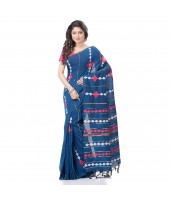 Bengali Khesh Pure Cotton Handloom Saree Diamond Designed With Blouse Piece(Prussian Blue)