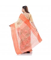  Bengal Tant Jamdani Printed Handloom Cotton Saree Without Blouse Piece (Orange)