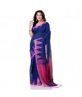 Bengali Handloom Tant Pure Cotton Saree Temple Par Desigined With Blouse Piece (Blue Pink)